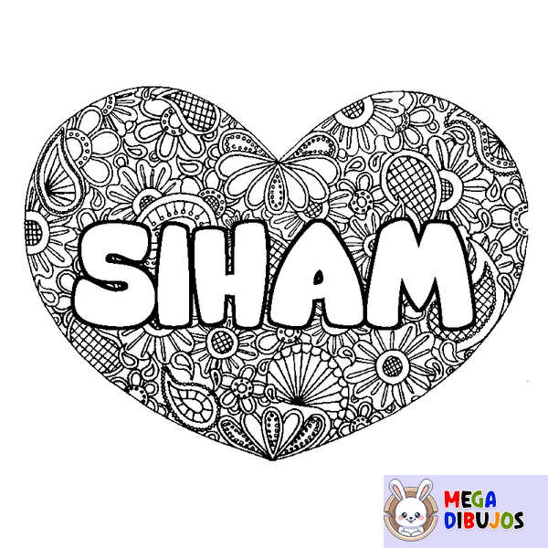 Coloraci&oacute;n del nombre SIHAM - decorado mandala de coraz&oacute;n