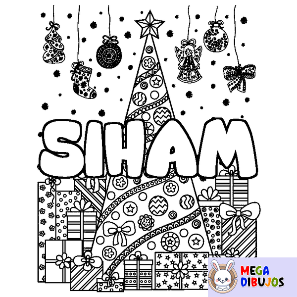 Coloraci&oacute;n del nombre SIHAM - decorado &aacute;rbol de Navidad y regalos