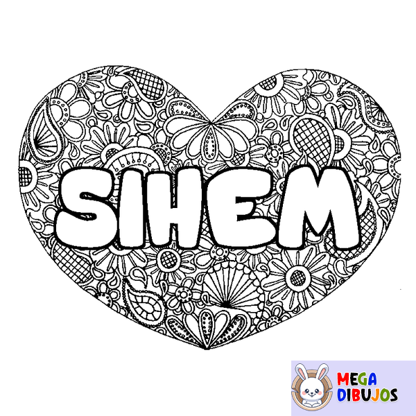 Coloraci&oacute;n del nombre SIHEM - decorado mandala de coraz&oacute;n