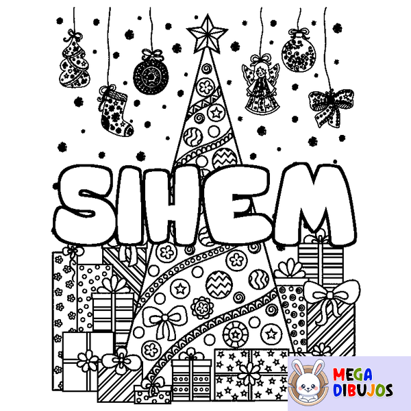 Coloraci&oacute;n del nombre SIHEM - decorado &aacute;rbol de Navidad y regalos