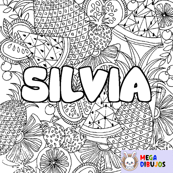Coloraci&oacute;n del nombre SILVIA - decorado mandala de frutas