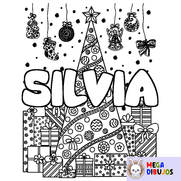Coloraci&oacute;n del nombre SILVIA - decorado &aacute;rbol de Navidad y regalos