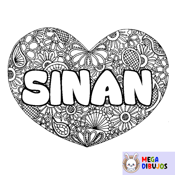 Coloraci&oacute;n del nombre SINAN - decorado mandala de coraz&oacute;n