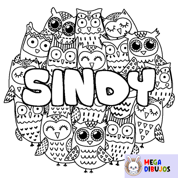 Coloraci&oacute;n del nombre SINDY - decorado b&uacute;hos