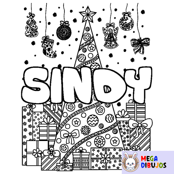 Coloraci&oacute;n del nombre SINDY - decorado &aacute;rbol de Navidad y regalos