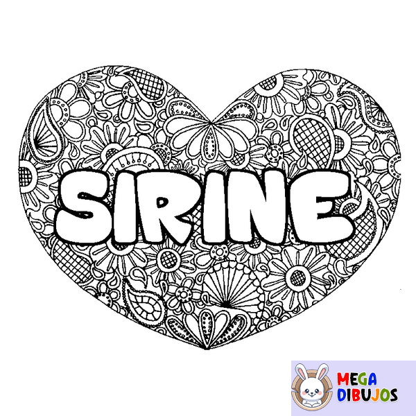 Coloraci&oacute;n del nombre SIRINE - decorado mandala de coraz&oacute;n
