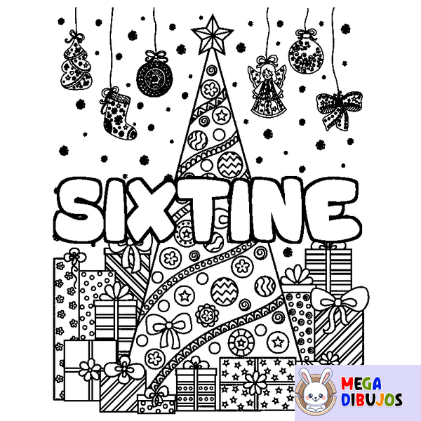 Coloraci&oacute;n del nombre SIXTINE - decorado &aacute;rbol de Navidad y regalos