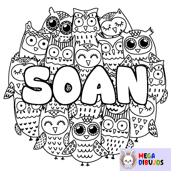 Coloraci&oacute;n del nombre SOAN - decorado b&uacute;hos