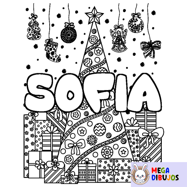 Coloraci&oacute;n del nombre SOFIA - decorado &aacute;rbol de Navidad y regalos