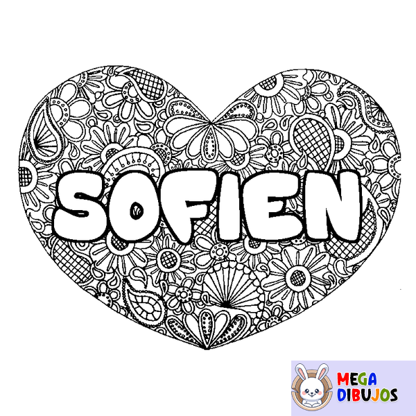 Coloraci&oacute;n del nombre SOFIEN - decorado mandala de coraz&oacute;n