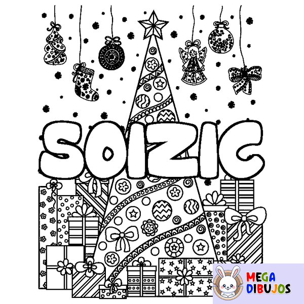 Coloraci&oacute;n del nombre SOIZIC - decorado &aacute;rbol de Navidad y regalos