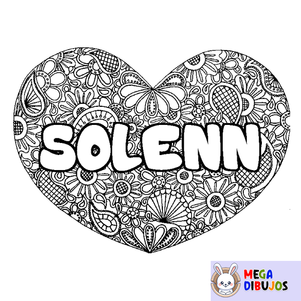 Coloraci&oacute;n del nombre SOLENN - decorado mandala de coraz&oacute;n