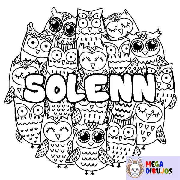 Coloraci&oacute;n del nombre SOLENN - decorado b&uacute;hos