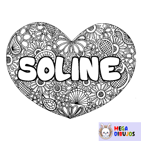 Coloraci&oacute;n del nombre SOLINE - decorado mandala de coraz&oacute;n