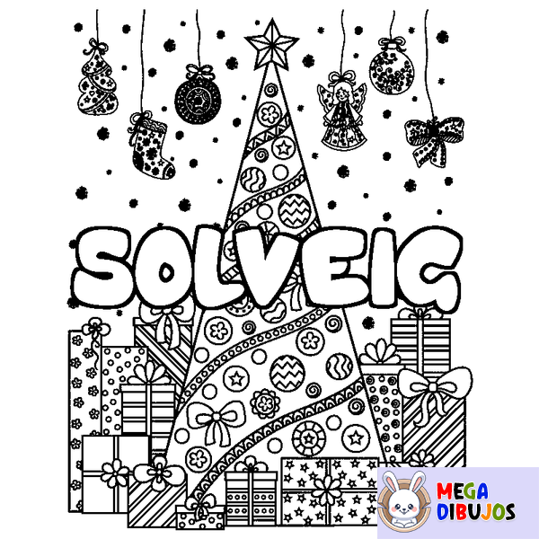 Coloraci&oacute;n del nombre SOLVEIG - decorado &aacute;rbol de Navidad y regalos