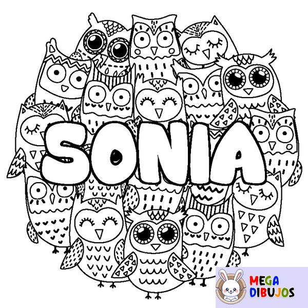 Coloraci&oacute;n del nombre SONIA - decorado b&uacute;hos