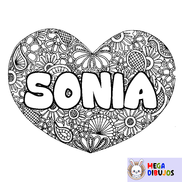 Coloraci&oacute;n del nombre SONIA - decorado mandala de coraz&oacute;n