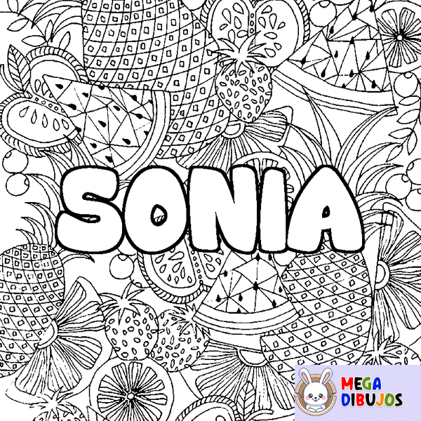 Coloraci&oacute;n del nombre SONIA - decorado mandala de frutas