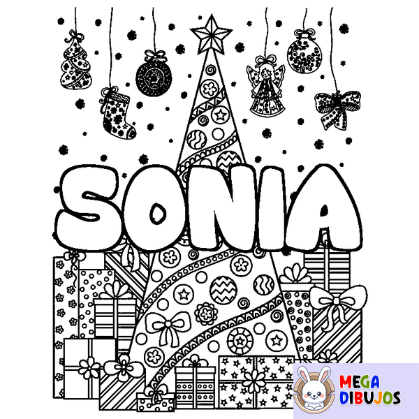Coloraci&oacute;n del nombre SONIA - decorado &aacute;rbol de Navidad y regalos
