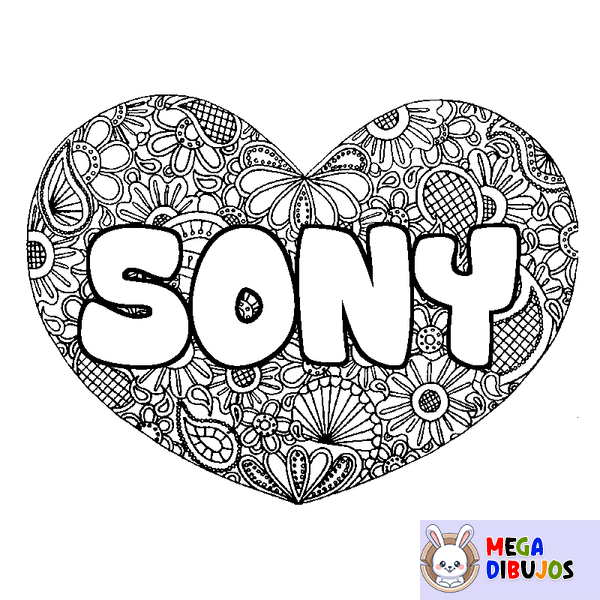 Coloraci&oacute;n del nombre SONY - decorado mandala de coraz&oacute;n