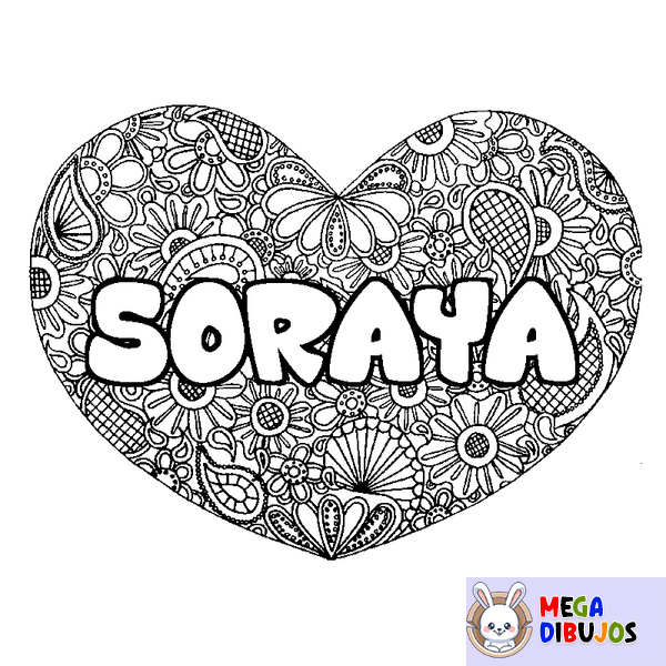 Coloraci&oacute;n del nombre SORAYA - decorado mandala de coraz&oacute;n