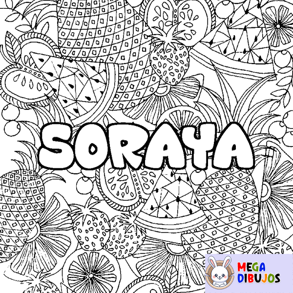 Coloraci&oacute;n del nombre SORAYA - decorado mandala de frutas