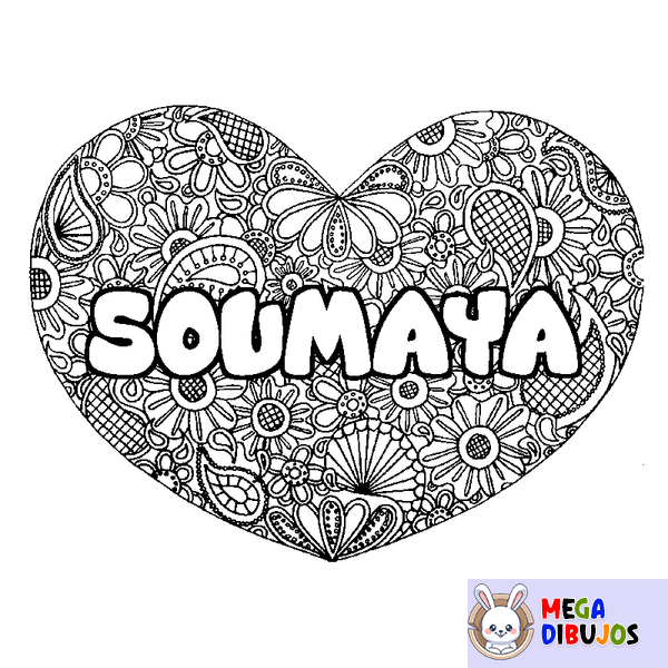 Coloraci&oacute;n del nombre SOUMAYA - decorado mandala de coraz&oacute;n
