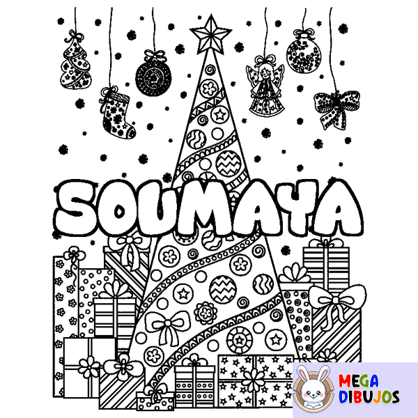 Coloraci&oacute;n del nombre SOUMAYA - decorado &aacute;rbol de Navidad y regalos