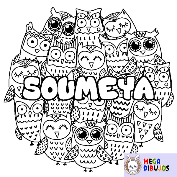 Coloraci&oacute;n del nombre SOUMEYA - decorado b&uacute;hos