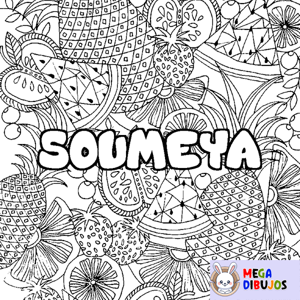 Coloraci&oacute;n del nombre SOUMEYA - decorado mandala de frutas
