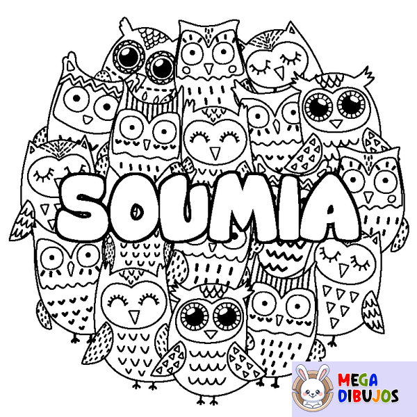 Coloraci&oacute;n del nombre SOUMIA - decorado b&uacute;hos