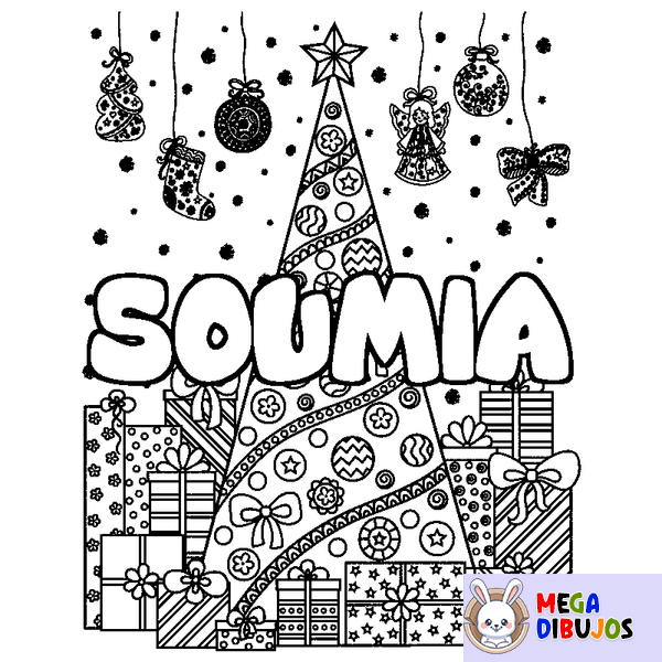 Coloraci&oacute;n del nombre SOUMIA - decorado &aacute;rbol de Navidad y regalos