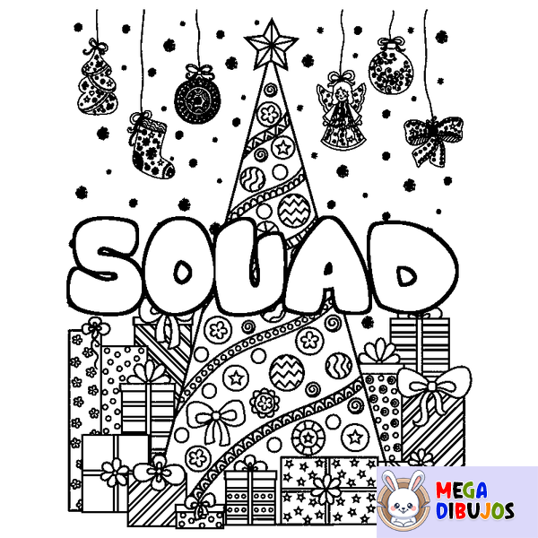 Coloraci&oacute;n del nombre SOUAD - decorado &aacute;rbol de Navidad y regalos