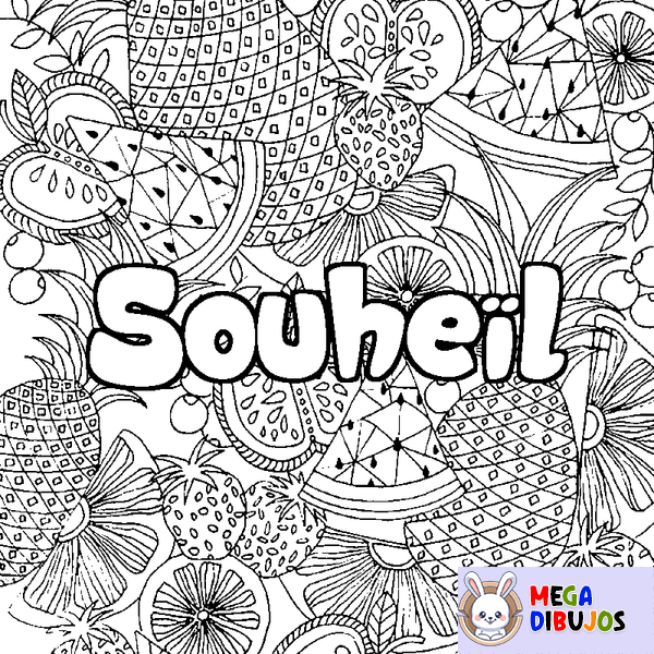 Coloraci&oacute;n del nombre Souhe&iuml;l - decorado mandala de frutas
