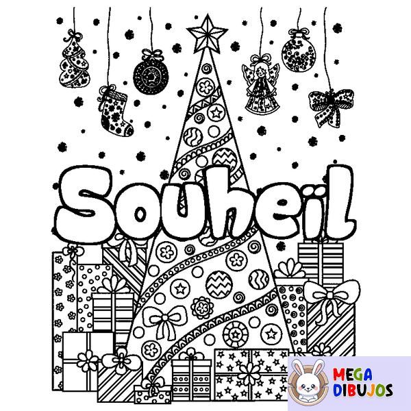 Coloraci&oacute;n del nombre Souhe&iuml;l - decorado &aacute;rbol de Navidad y regalos