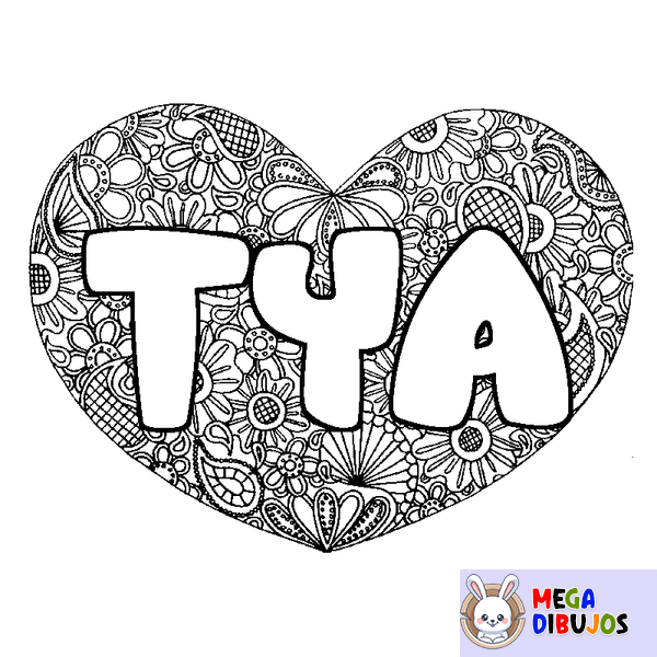 Coloraci&oacute;n del nombre TYA - decorado mandala de coraz&oacute;n