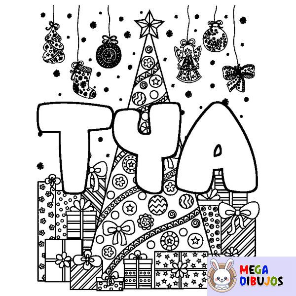 Coloraci&oacute;n del nombre TYA - decorado &aacute;rbol de Navidad y regalos