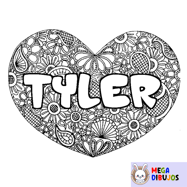 Coloraci&oacute;n del nombre TYLER - decorado mandala de coraz&oacute;n