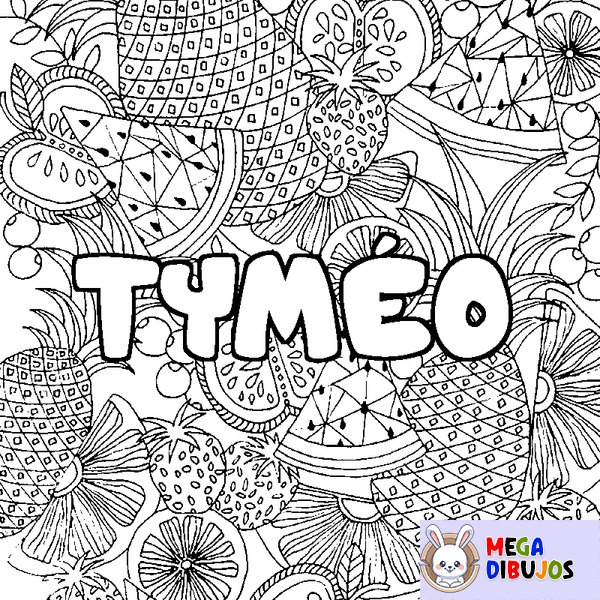 Coloraci&oacute;n del nombre TYM&Eacute;O - decorado mandala de frutas