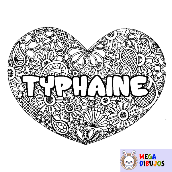 Coloraci&oacute;n del nombre TYPHAINE - decorado mandala de coraz&oacute;n