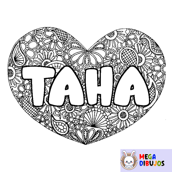 Coloraci&oacute;n del nombre TAHA - decorado mandala de coraz&oacute;n