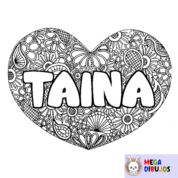 Coloraci&oacute;n del nombre TAINA - decorado mandala de coraz&oacute;n