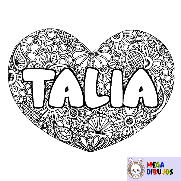 Coloraci&oacute;n del nombre TALIA - decorado mandala de coraz&oacute;n