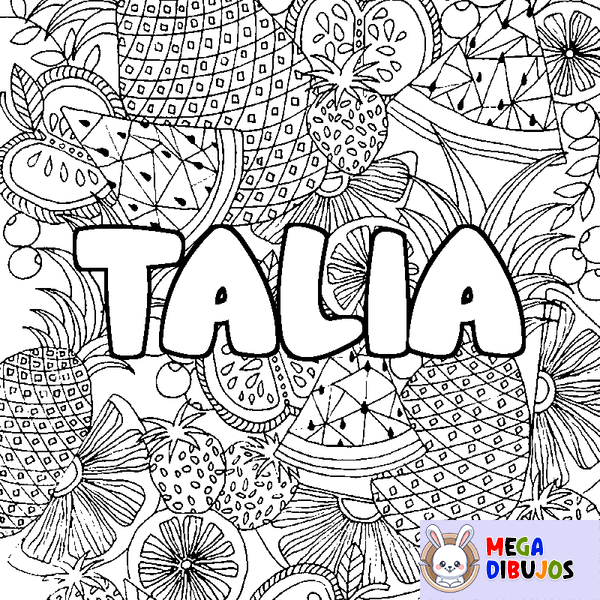 Coloraci&oacute;n del nombre TALIA - decorado mandala de frutas