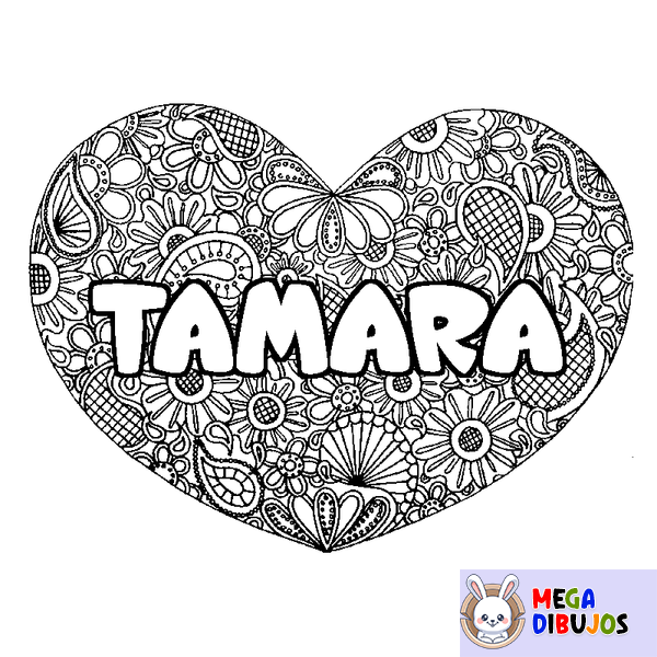 Coloraci&oacute;n del nombre TAMARA - decorado mandala de coraz&oacute;n