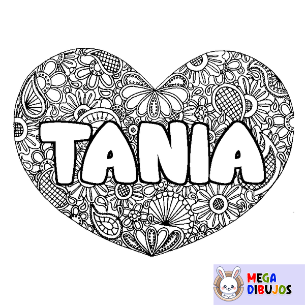 Coloraci&oacute;n del nombre TANIA - decorado mandala de coraz&oacute;n