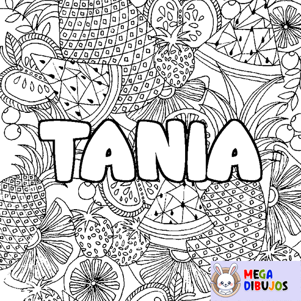 Coloraci&oacute;n del nombre TANIA - decorado mandala de frutas
