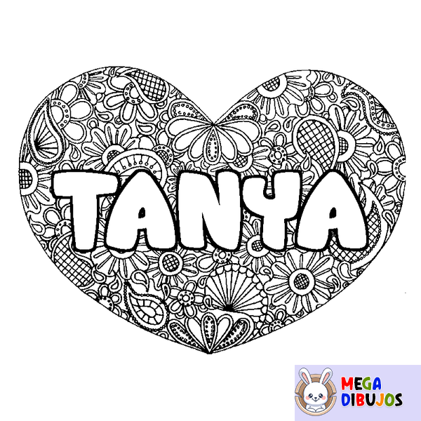 Coloraci&oacute;n del nombre TANYA - decorado mandala de coraz&oacute;n