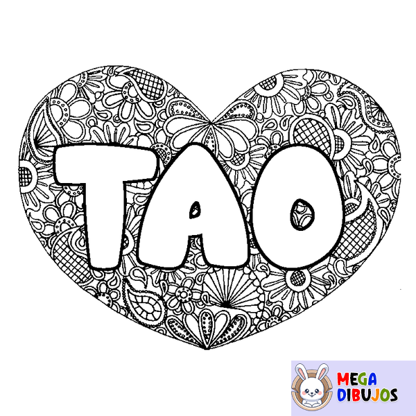 Coloraci&oacute;n del nombre TAO - decorado mandala de coraz&oacute;n