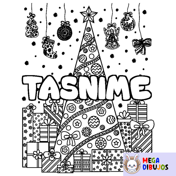 Coloraci&oacute;n del nombre TASNIME - decorado &aacute;rbol de Navidad y regalos